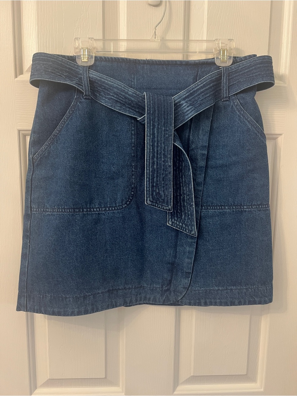 CAbi Edie Dark Blue Denim Mini Skirt with Self-Tie Belt